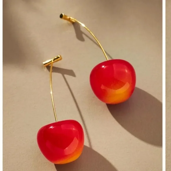 Anthropologie Cherry Red Drop Earrings gold - Picture 4 of 8
